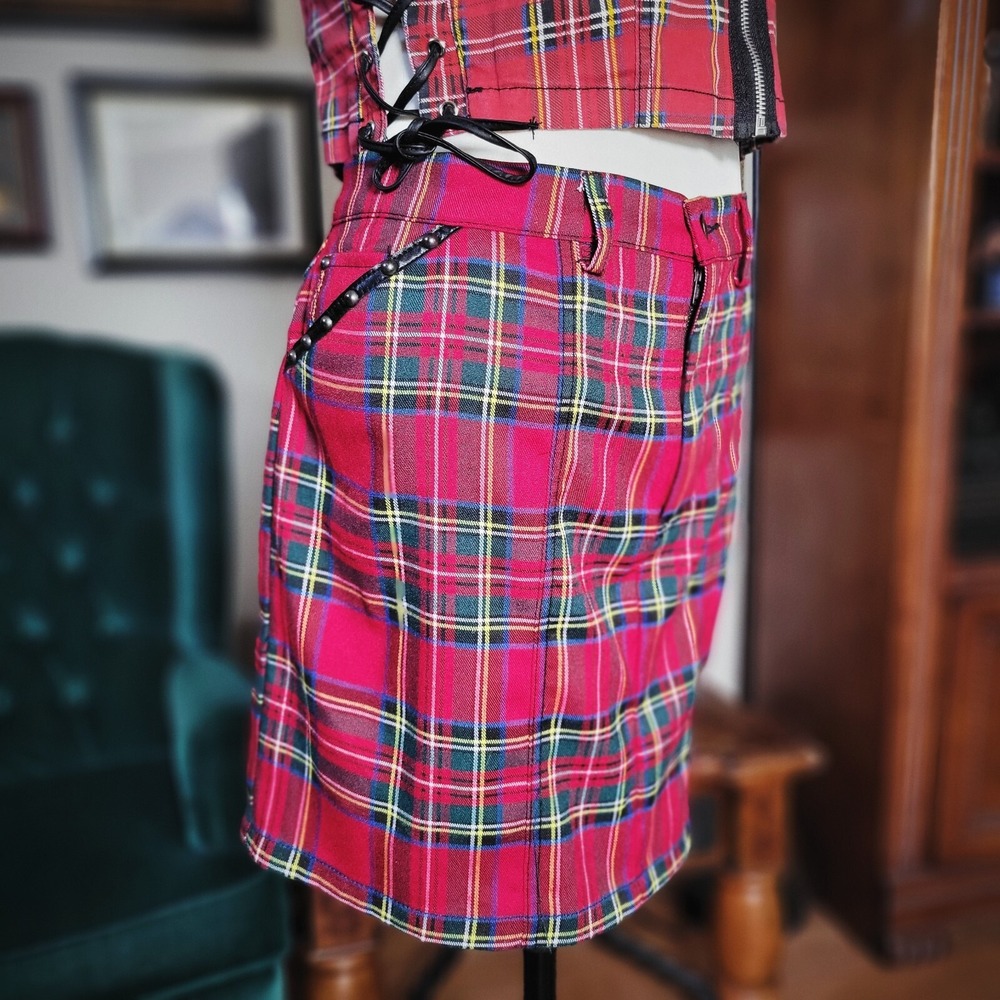 Sourpuss Red Tartan Plaid Mini Skirt Punk Goth Rockabilly Studded‎ Y2K XXL - Picture 2 of 8